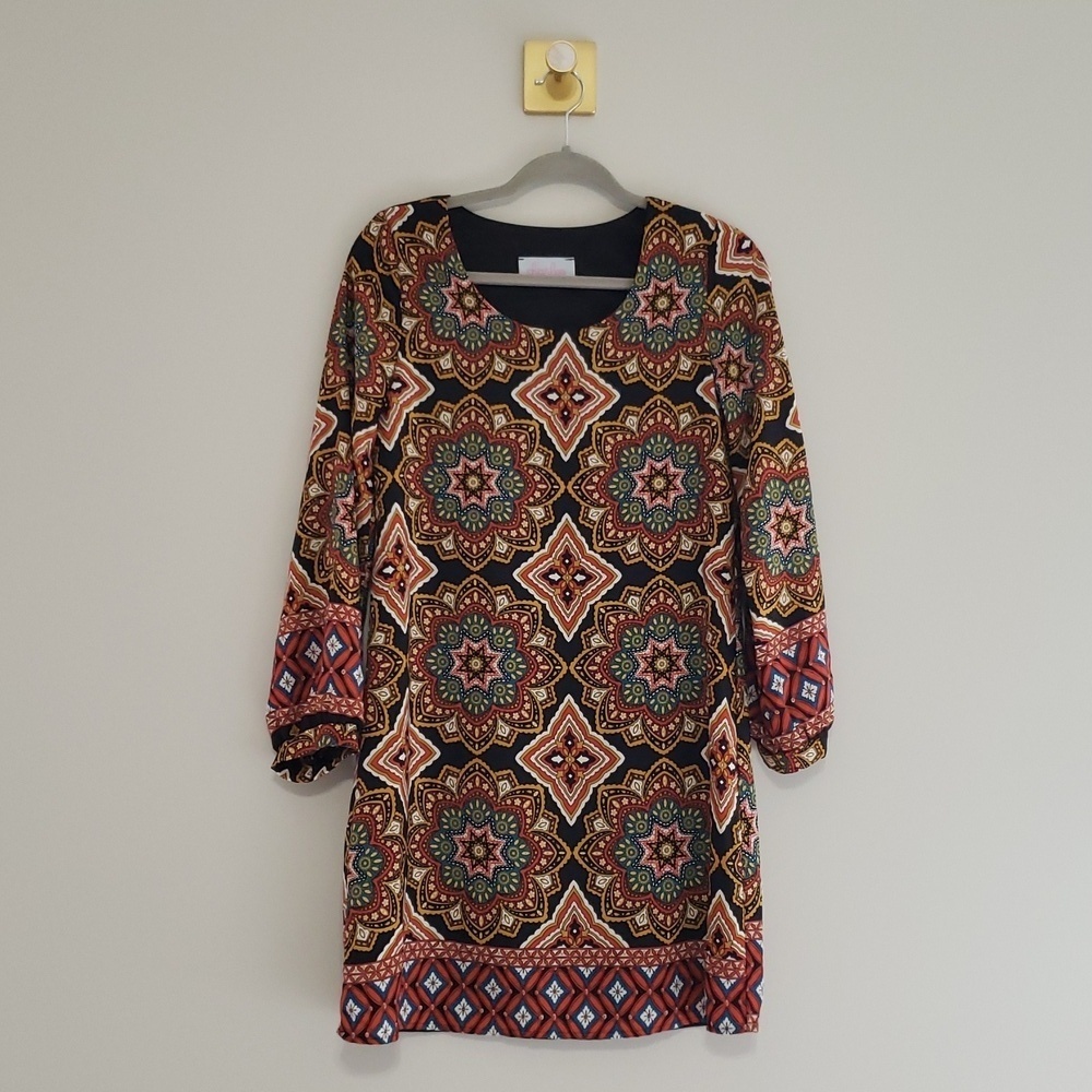 Charlee Shift Dress Small Bohemian Patterned Lined Pullover Multicolor Medallion
